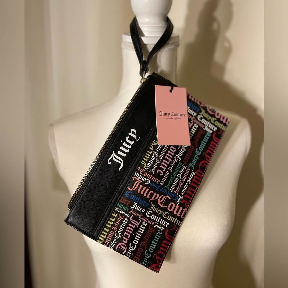 Juicy Couture Large Wristlet Multi Color logo repeated on black background NWT